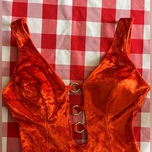 Restored vintage crushed red-orange velvet o-ring bodysuit / mini romper